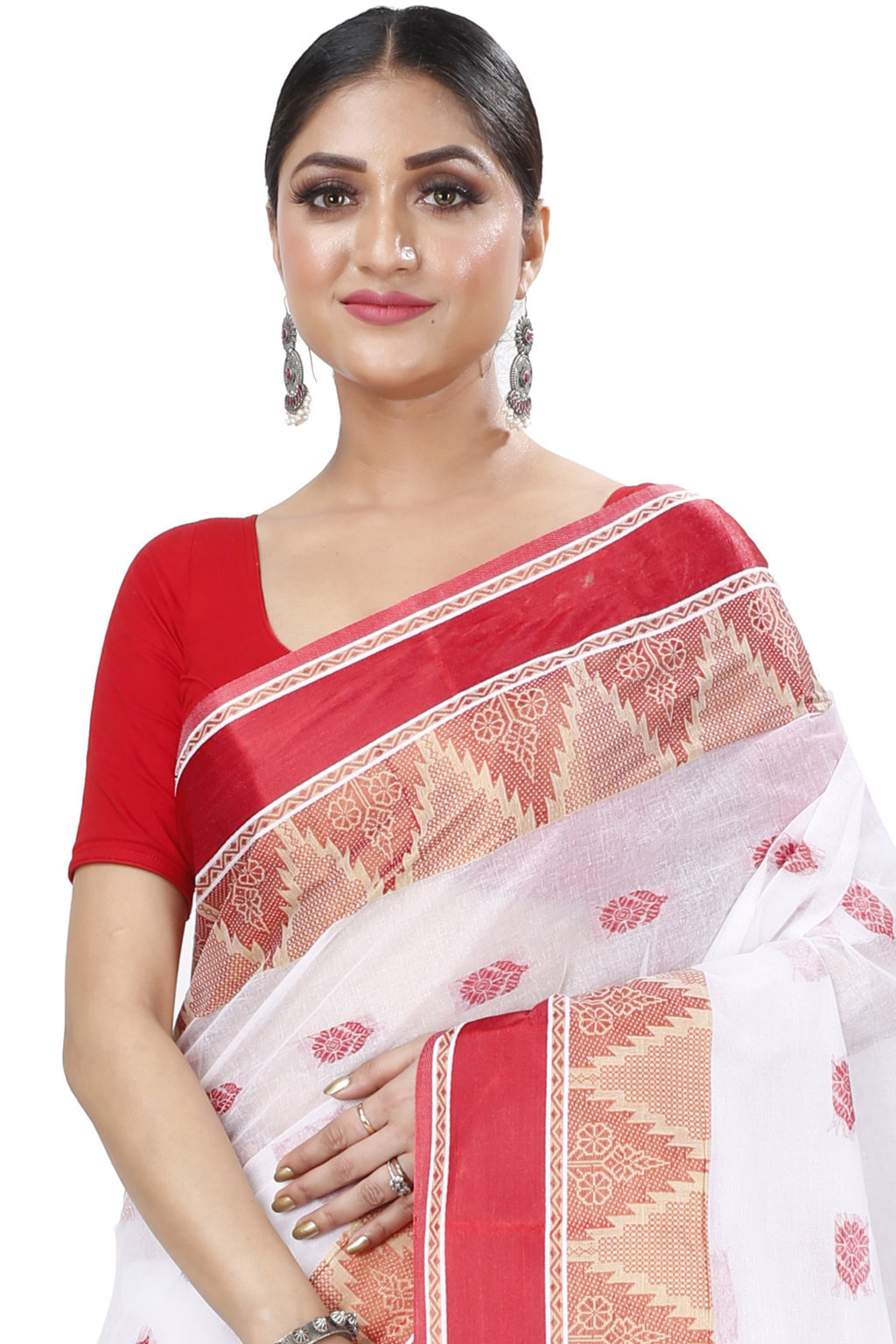 White Red Pure Cotton Sadasob Tant Saree (1028)